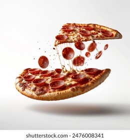 Pizza slice flying isolated in white background