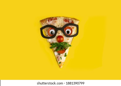 pizza slice as a funny man in glasses on yellow background isolated