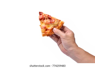 Pizza Slice In Hand Isolated On White Background