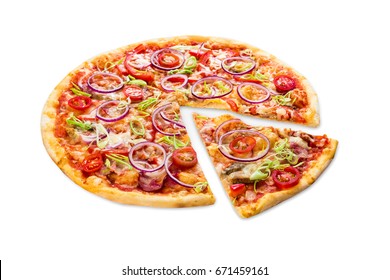 Pizza Slice Isolated On White Background, With Onions, Bacon And Cherry Tomatoes, Thin Pastry Crust, Closeup