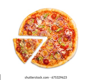 Pizza slice top view isolated on white background, with onions, bacon and cherry tomatoes, thin pastry crust, closeup