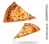 Pizza slices flying, isolated on white background. Delicious cheese pizza slices flying in air. floating cheesy pizza pieces with melting cheese flying. Italian style pizza slices.