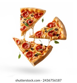 Pizza slices flying, isolated on white background. Delicious peperoni pizza slices pepperonis and olives, flying pizza pieces with melting cheese.  - Powered by Shutterstock