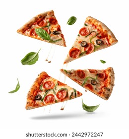 Pizza slices flying, isolated on white background. Delicious peperoni pizza slices pepperonis and olives, floating pizza pieces with melting cheese with basil leaves flying. Italian style pizza slices - Powered by Shutterstock