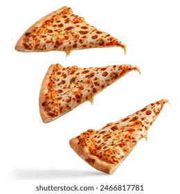 Pizza slices flying, isolated on white background. Delicious peperoni pizza slices pepperonis and olives, floating pizza pieces with melting cheese with basil leaves flying. Italian style pizza slices - Powered by Shutterstock