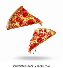 Pizza slices flying, isolated on white background. Delicious peperoni pizza slices pepperonis and olives, floating pizza pieces with melting cheese with basil leaves flying. Italian style pizza slices - Powered by Shutterstock