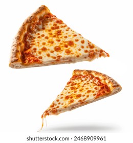 Pizza slices flying, isolated on white background. Delicious cheese pizza slices flying in air. floating cheesy pizza pieces with melting cheese flying. Italian style pizza slices. - Powered by Shutterstock