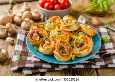 Pizza Snails In Puff Pastry With Ham, Cheese And Mushrooms