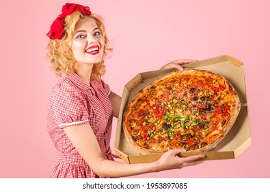 Pizza time. Happy woman with big pizza in box. Pizza delivery. Italian delicious tasty food.
