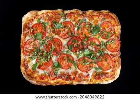 Pizza with tomatoes and parsley, top view. Rectangular pizza