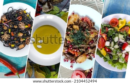 Pizza with tomatoes, tomato paste, pumpkin soup and fresh vegetable salad close-up. Vertical collage of dishes from different cuisines of the world.