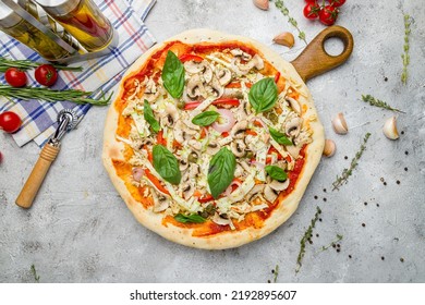 Pizza With Vegetables And Basil With Tomato Sauce, Vegetarian Pizza On Grey Table Top View