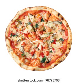 Pizza Vegetarian Isolated Over White Background. Top View.