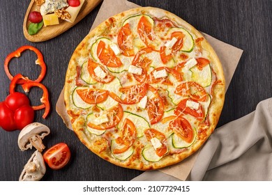 Pizza With Zucchini And Tomato, Chees Feta, Top View