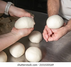 Pizzeria Kitchen, Pizza Makers And Dough Balls For Baking 