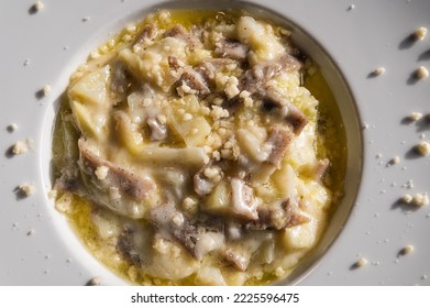 Pizzoccheri plate. Traditional dish of the Valtellina with buckwheat in Lombardy region - northern Italy. Selective focus - Shutterstock ID 2225596475