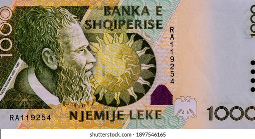 Pjeter Bogdani Portrait From Albania 1000 Leke 2007 Banknotes. Pjeter Bogdani (1625-1689), A Writer And Clergy And A Prominent Figure Of Older Albanian, With His Symbol Of The Sun In The Centre.