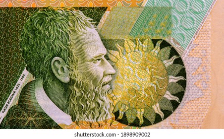 Pjeter Bogdani Portrait From Albania 1000 Leke 2007 Banknotes. Pjeter Bogdani (1625-1689), A Writer And Clergy And A Prominent Figure Of Older Albanian, With His Symbol Of The Sun In The Centre.