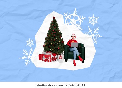 Placard picture collage of positive cute girl sitting comfy chair buy gifts online using netbook isolated on drawing background - Powered by Shutterstock