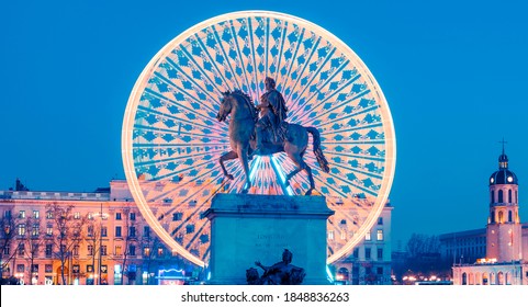 Place Bellecour Statue Of King Louis XIV By Night, Lyon France