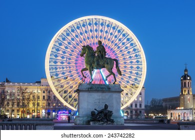 Place Bellecour Statue Of King Louis XIV By Night, Lyon France 