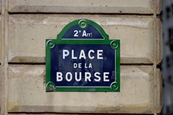 
Place De La Bourse. White And Blue Street Name Sign In Paris. English Translation: Stock Market Place.