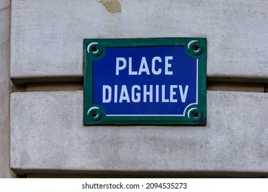 Place Diaghilev, Typical Blue And Green Parisian Street Name Signs Panels,Paris France