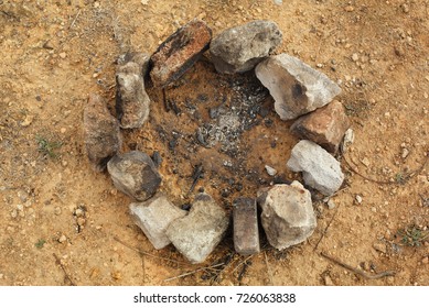 A Place For A Fire Laid Out With Stones On The Ground. Top View.