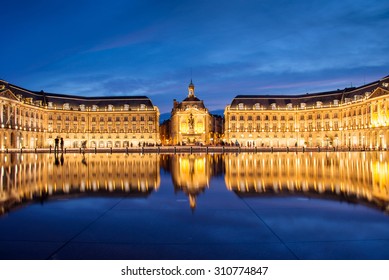 Place La Bourse In Bordeaux, The Water Mirror By Night, France