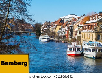 Place Name Sign Bamberg In Front Of River Regnitz