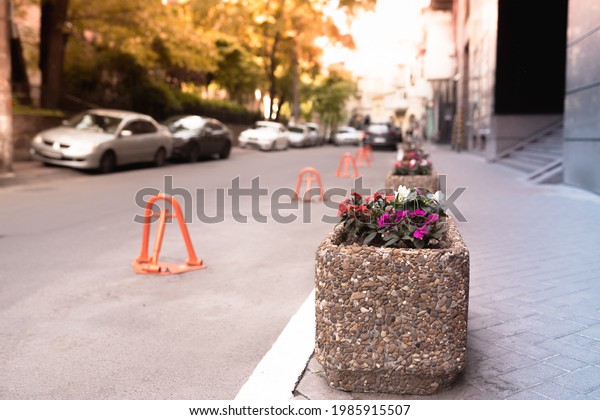 A place to\
park a car on the sidewalk near a residential building. A street\
stretching into the distance with parked cars. Flowerbeds along the\
sidewalk. Modern European\
cityscape
