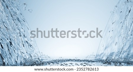 Place for product placement. Aqua background. Product space next to clean water streams and water splashes and drops. water background for advertising and product placement