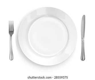 Place Setting With High-gloss Plate, Knife & Fork. Isolated On White. Pro Clipping Path.
