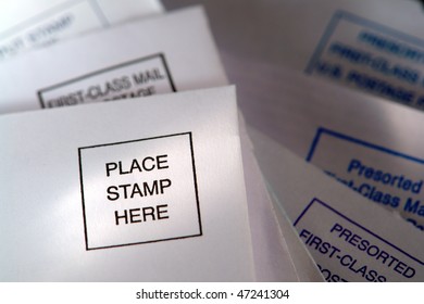 Place Stamp Here Placemat And Prepaid Presorted Postage Postmarks On Billing Return Mail Envelope