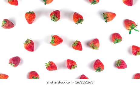 Place strawberries on white background., Top view. Flat lay pattern, a sweet soft red fruit with a seed-studded surface. - Shutterstock ID 1672351675