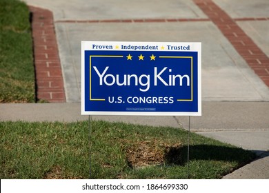 Placentia, California, USA - October 17, 2020: A House Sports A Political Yard Sign Supporting Candidate Young Kim For US Congress.