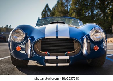 Placerville, USA - November 25, 2020: Classic rare American muscle car, convertible vintage blue 1967 Ford Shelby Cobra 427