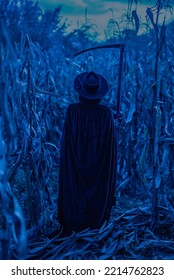 Plague Doctor Or Death Woman With Sharp Scythe At Night In Thickets Of Corn Field. Creepy Raven Mask, Halloween, Historical Terrible Protection Costume Concept