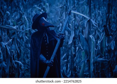 Plague Doctor Gothic Woman With Sharp Scythe At Night In Thickets Of Corn Field. Creepy Raven Mask, Halloween, Historical Terrible Protection Costume, Death Concept