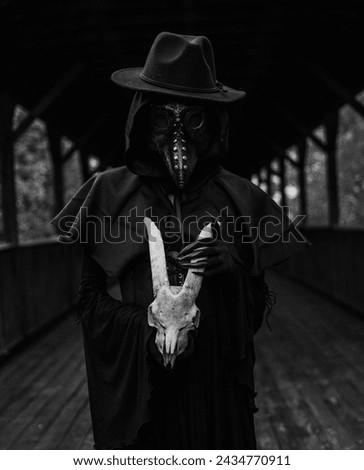 Plague Doctor holding ram skull Stockfoto © 