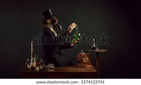 Plague doctor mixing his elements, experimenting and researching in vintage laboratory against dark mystery background. Concept of comparisons of eras, medicine, science, pharmaceutical. Ad