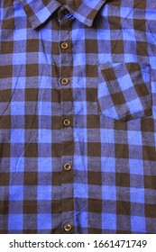 Plaid Blue & Black Checkered Tartan Shirt. Button-up Long Sleeve Flannel Shirt, Casual Stylish Sweater With Collar Neck And Pocket, Front Close Up Top View 