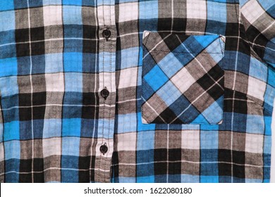 Plaid Shirt Close Up View Of Casual Blue, Grey, Black And White Color Top. Button Down Casual Plaid Shirt, Flannel Shirt With Front Pocket, Stylish Lumberjack Top, Tartan Pattern Clothes