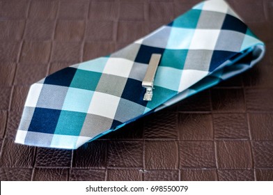 Plaid Tie With Silver Tie Clip