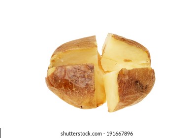 Plain Baked Potato With No Filling Cut Into Four Isolated Against White