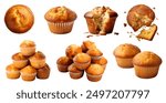 Plain basic classic muffin muffins isolated. Many assorted different design angles. broken, torn, pile, tower. Mockup template for artwork