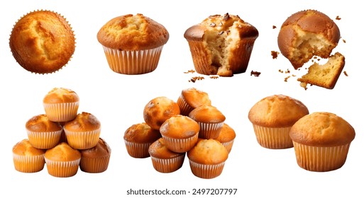 Plain basic classic muffin muffins isolated. Many assorted different design angles. broken, torn, pile, tower. Mockup template for artwork