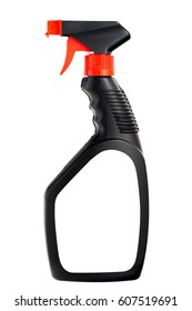 Plain Black Plastic Trigger Spray Bottle Mockup For Cleaning Product With Red Handle, Isolated With Clipping Path.