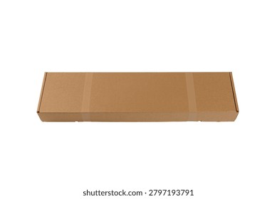 Plain brown rectangular cardboard shipping box sealed with tape, isolated on a white background with ample copy space
