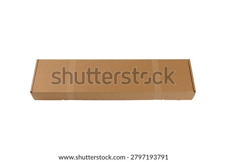 Plain brown rectangular cardboard shipping box sealed with tape, isolated on a white background with ample copy space
